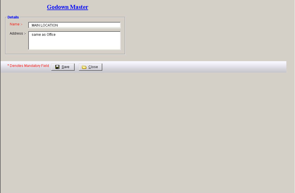 Godown master Data Entry Screen of Online Accounting Inventory Software