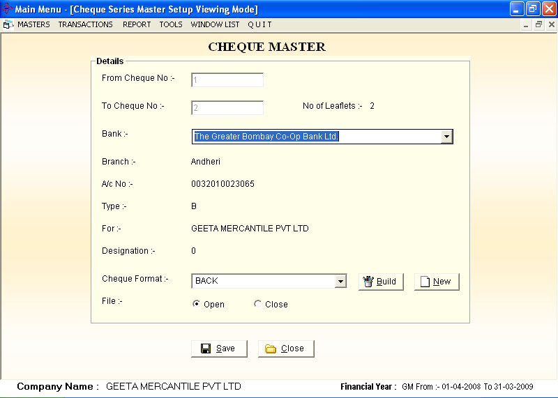 Cheque Master Screen 