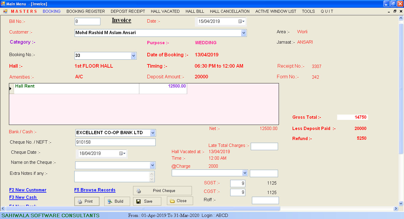 Hall Invoice Banquet / Hall Booking software