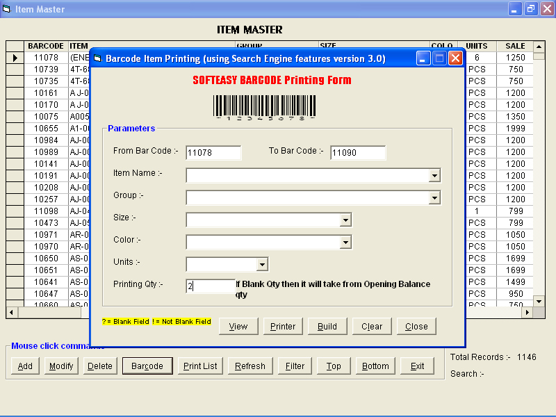 Bar Code Label Printing Form Screen 