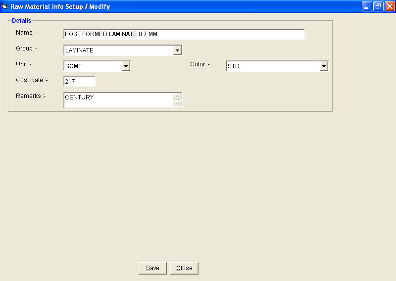 Raw Materials Data Entry Screen of civil Engineer Software