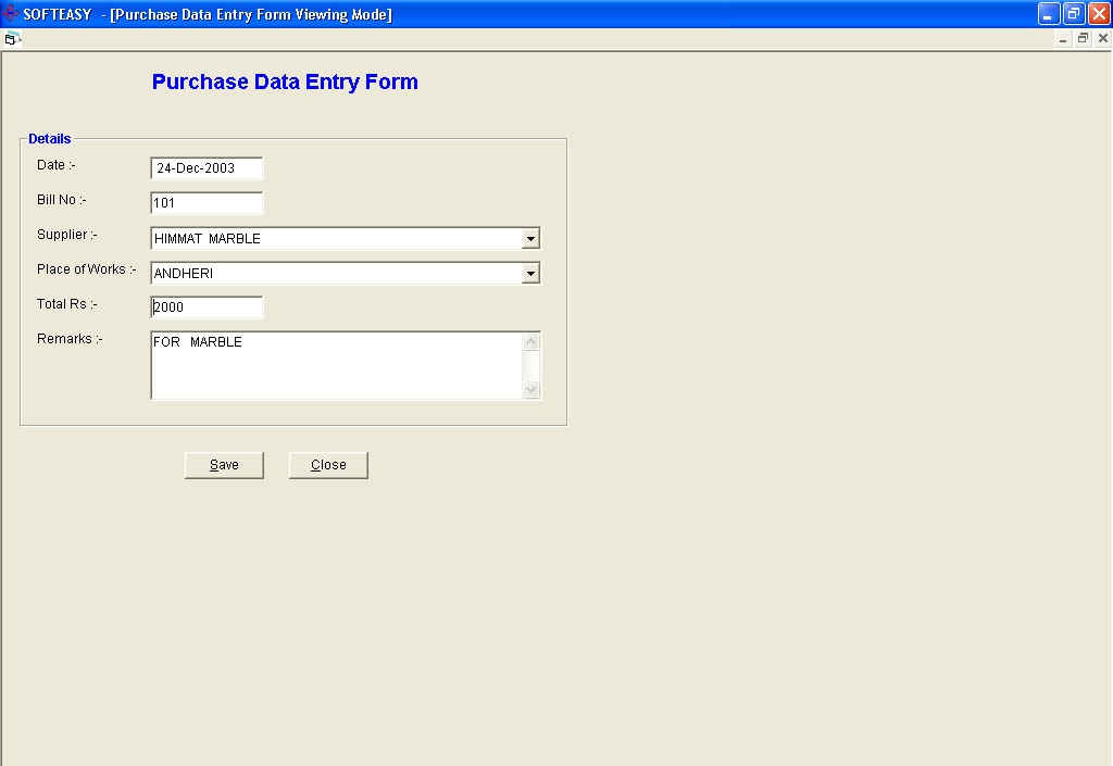 contract Job Software Purchase Entry Screen
