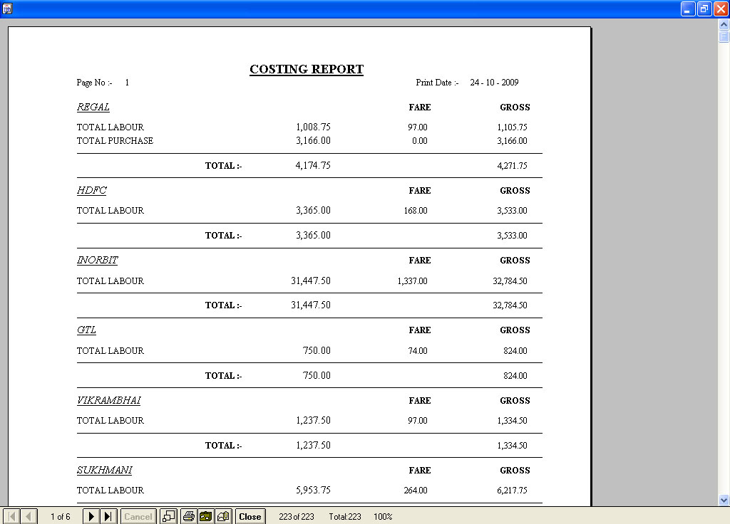 Costing Report Print out screen of Civil Engineer Software