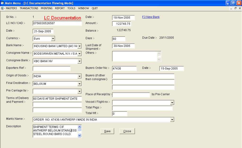 Letter of credit data entry Screen of Export Documentation Software