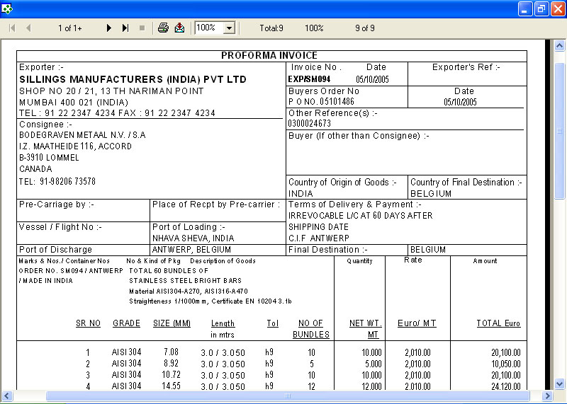 Proforma Invoice Print Out Screen of Online Garment Export Software