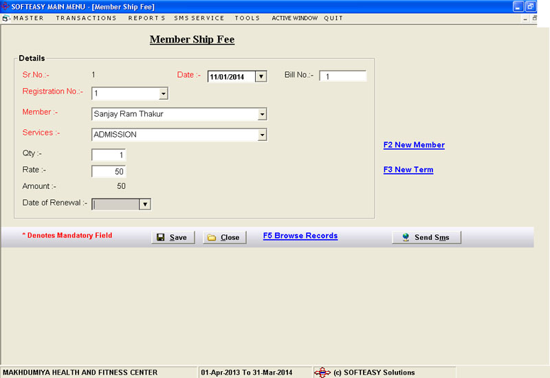 Membership Fee Data Entry Screen of Gymnasium Software