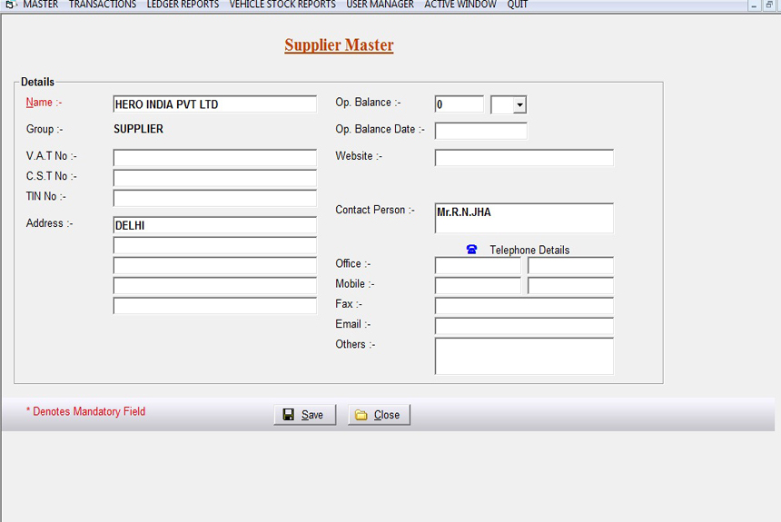 Supplier Data Entry Screen of Motorcycle software