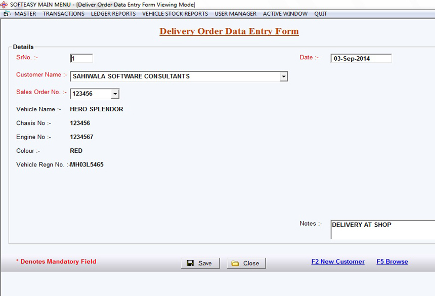 Delivery Order Data Entry  screen of Motorcyle Inventory Software