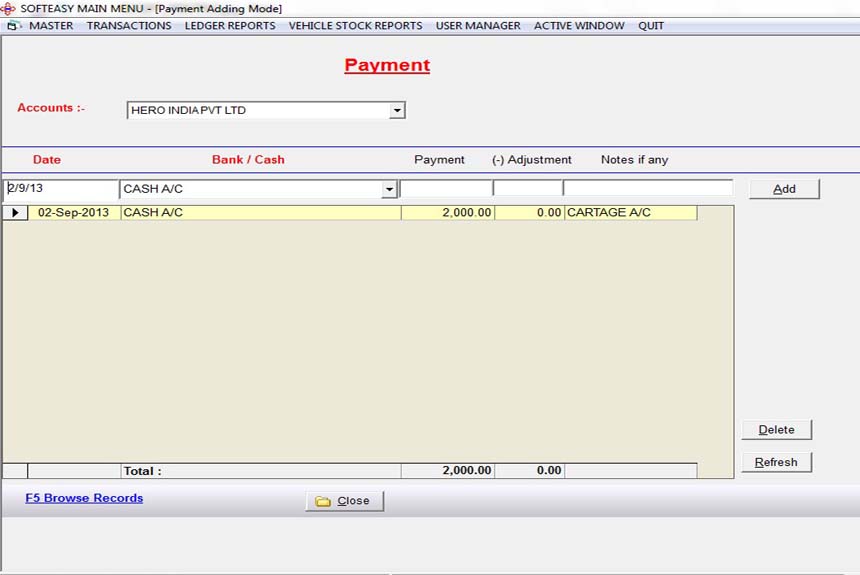 Payment Vouchers Data Entry Screen of Two Wheeler Software 