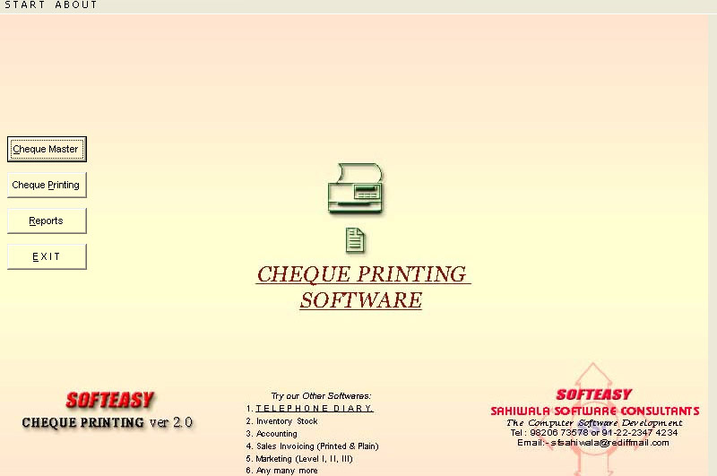 Cheque Printing Software Main Menu Screen