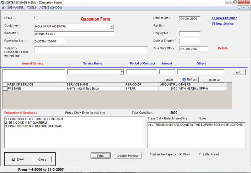 Quotation Vouchers Data Entry Screen of Pest Control Software