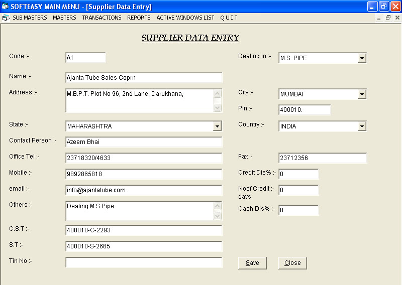 Purchase Order Software Supplier Data Entry Screen.