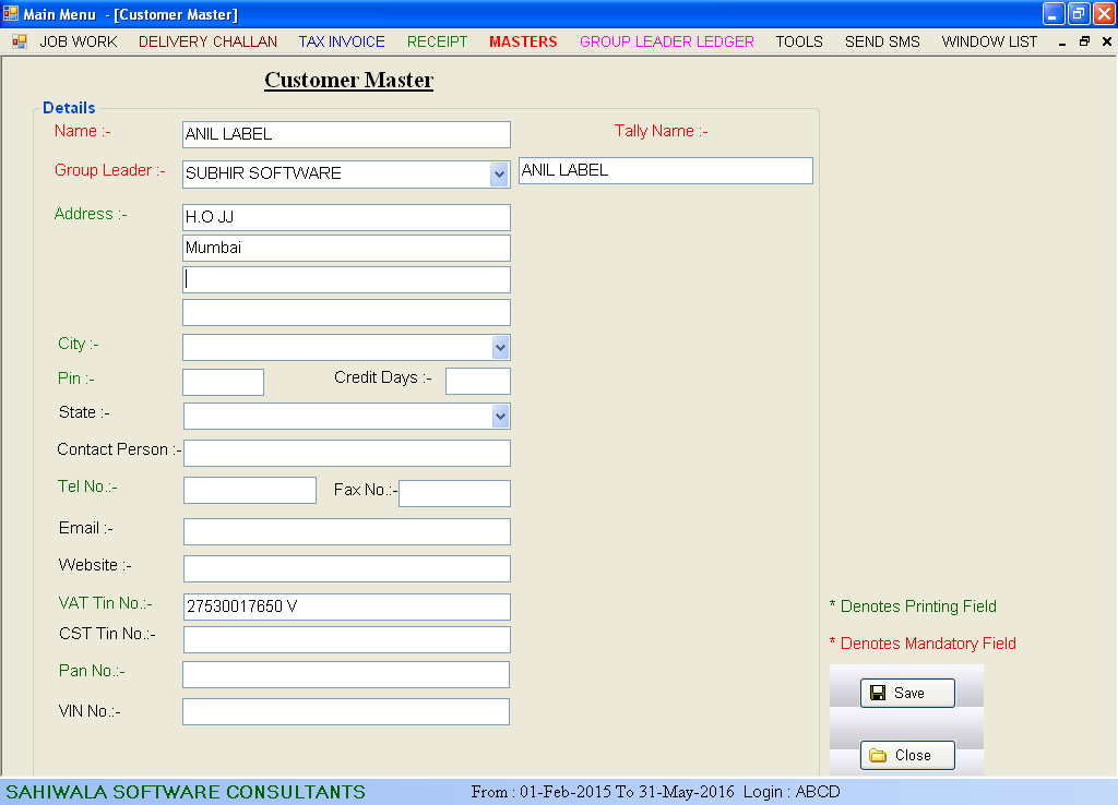 Customer Master Data Entry Screen Of Printing Industry Software