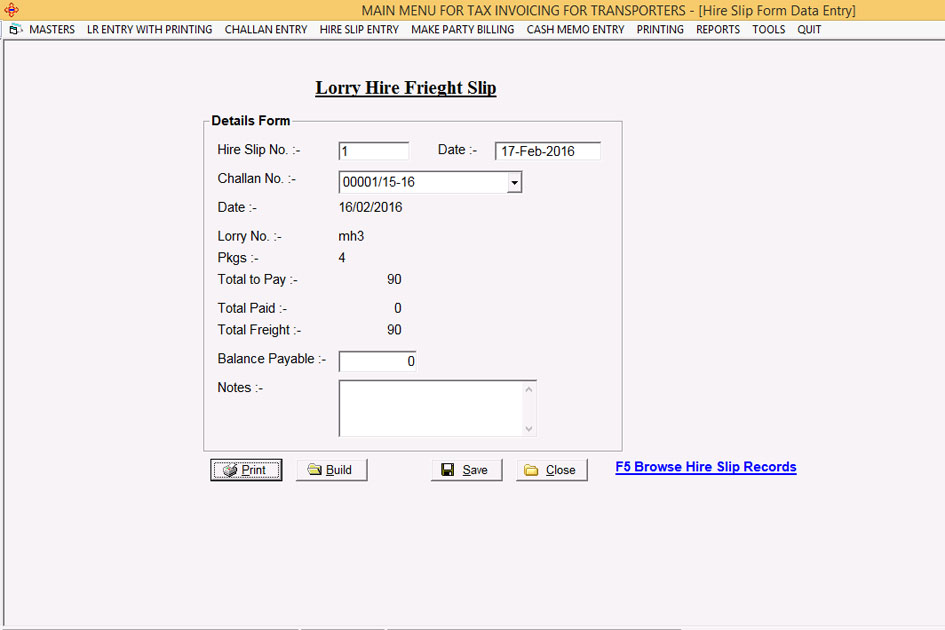 Hire Slip Data entry Screen of Transport Billing Software.