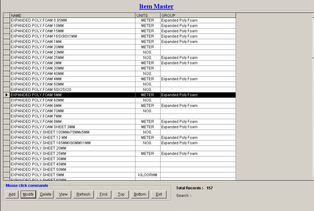 Item Master Records Screen of Financial Control Software