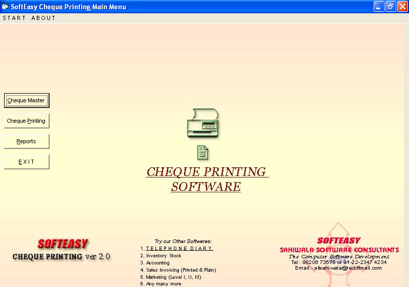 Main Menu with Cheque Master Highlighted Screen of Cheque Printing Software 