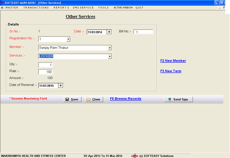 Other Services Data Entry Screen of Club membership Software