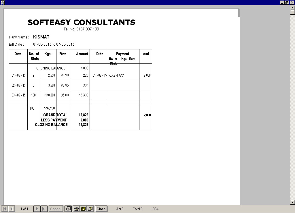 Weekly Bill Print out of Poultry Software